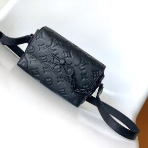 Black Embossed Monogram Leather Handbag with Black Hardware and Adjustable Strap
