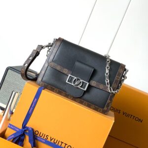 Handbag with Black Leather, Monogram Canvas Accents, and Silver-Tone Hardware