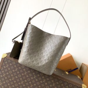 Gray Embossed Monogram Bucket Bag with Detachable Pouch