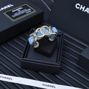 Chanel Gold-Tone Chain Link and Light Blue Fabric Bracelet