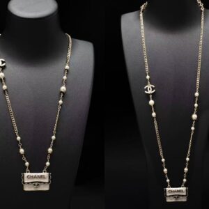 Long Necklace with Miniature Bag Pendant and Pearl Accents