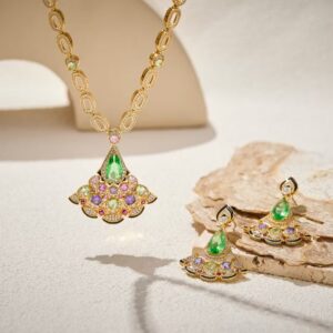 Exquisite Gemstone Jewelry Set Necklace and Earrings, with Fan - Shaped Motif