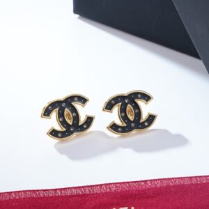 "CC" Logo Stud Earrings with Black Enamel and Crystal Accents