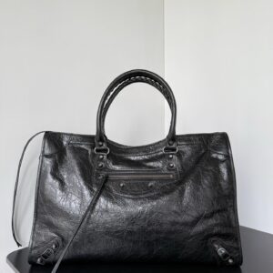 Classic City Tote: Black Crinkled Leather Bag