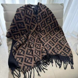Inspired Brown Monogram Knit Poncho with Fringe Trim