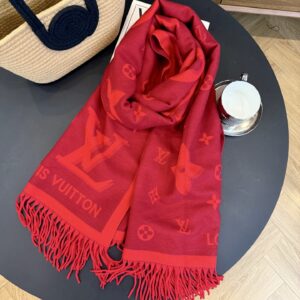Inspired Anagram Knit Scarf: Bold Red Dual-Tone Design with Fringe Trim