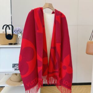 Inspired Monogram Knit Scarf: Bold Red Dual-Tone Design with Fringe Trim