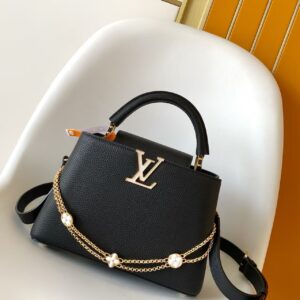 Black Grained Leather Handbag with Gold-Tone Hardware and Floral Chain Detail