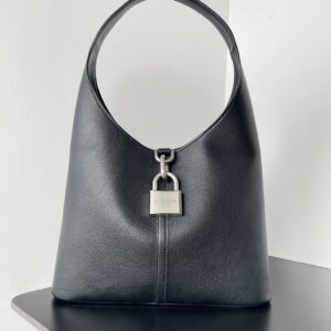 Lock Handle Hobo Bag: Black Grained Leather with Signature Padlock Hardware (2 Sizes)