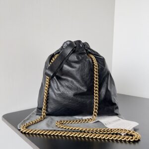 Crinkled Leather Chain Bucket Bag: Edgy Black Luxury Drawstring Handbag