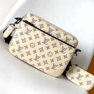 Trio Messenger Bag (Cream Monogram Embossed Leather, Detachable Pouch Design)