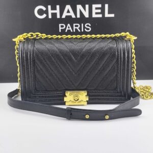 Boy Flap Bag in Light Gray Caviar Leather with Gold-Tone Hardware