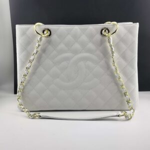 White Quilted Caviar Leather Tote Bag with Gold-Tone Hardware