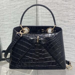 Black Crocodile-Embossed Patent Leather Handbag with Gold-Tone Hardware