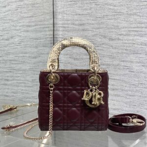 Lady D-Lite Mini Bag in Burgundy Quilted Leather with Snakeskin-Accented Handle