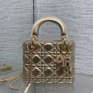 Metallic Gold Quilted Leather Handbag with Crystal-Embellished Logo Charm