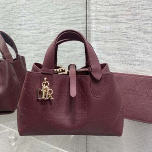 Burgundy Quilted Leather Tote Handbag with Gold-Tone Logo Charm & Matching Pouch