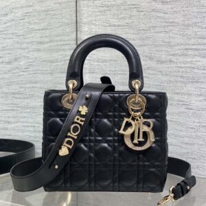 Black Quilted Leather Handbag with Crystal-Embellished Logo Charm & Decorative Shoulder Strap