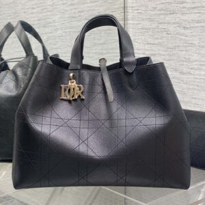 Quilted Tote Bag in Black Leather with Gold-Tone "D.I.O.R" Charm