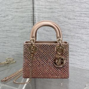 Lady D-Lite Mini Bag in Pink Crystal-Embellished Fabric with Gold-Tone Hardware