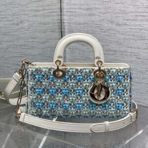 White Leather Handbag Adorned with Blue Crystal Flower Embellishments & Gold-Tone Logo Charm