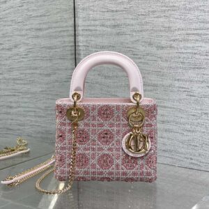 Lady D-Lite Mini Bag in Pink Crystal-Embellished Fabric with Gold-Tone Hardware