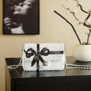 Tweed & Sequin Bow-Embellished Flap Bag in Black & White with Silver-Tone Hardware