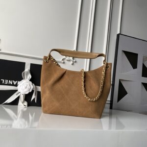 Black Suede Quilted Handbag with Gold-Tone Hardware & Chain Strap