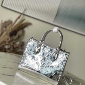 Mini Onthego Bag in Metallic Silver Monogram Leather