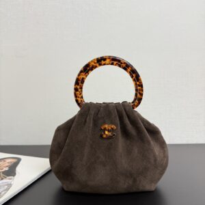 Tortoiseshell-Accented Quilted Suede Pouch Bag (Dark Brown)