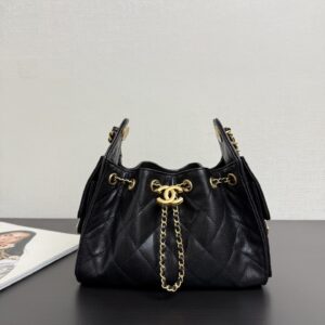 Black Caviar Leather Drawstring Bag: Iconic Luxury with 31 Rue Cambon Details