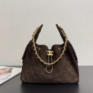 Chocolate Suede Quilted Shoulder Bag with Gold-Tone Hardware