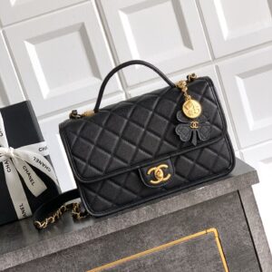 Black Caviar Leather Flap Bag with Four-Leaf Clover Charm