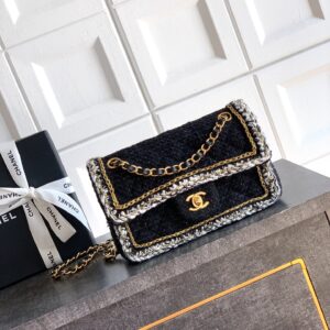 Tweed & Leather Flap Bag (Made in France) – Classic Black with Gold-Tone Hardware