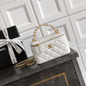 Quilted Leather Vanity Case Bag – Black & White with Gold-Tone Hardware