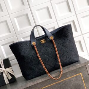 Tweed Tote Bag – Charcoal Quilted Wool with Red Leather-Woven Chain (Luxury Everyday Essential)