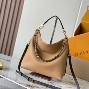 Hobo Bag – Black/Tan Grained Leather with Signature Chain & Monogram Strap (Versatile Luxury Staple)