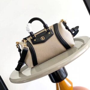 Small Duffle Bag: Beige & Black Leather Crossbody/Top-Handle Style