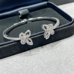 Diamond-Encrusted Double Flower Open Cuff Bracelet in Sterling Silver