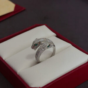 Panthère Double-Headed Ring in Silver-Tone with Pavé Crystals & Emerald Eyes