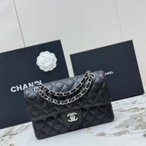 Classic Flap Bag in Black Caviar Leather with Silver-Tone Hardware