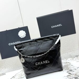 22 Large Shopping Bag in Black Quilted Calfskin with Silver-Tone Hardware