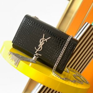 Kate Medium Tassel Chain Bag in Black Crocodile-Embossed Leather with Silver-Tone Hardware