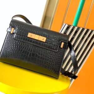 Manhattan Medium Shoulder Bag in Black Crocodile-Embossed Leather with Gold-Tone Hardware