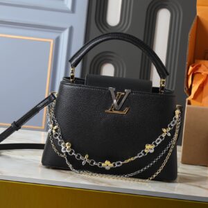 Capucines MM Bag in White Canvas with Beige Leather Trim and Silver-Tone Hardware