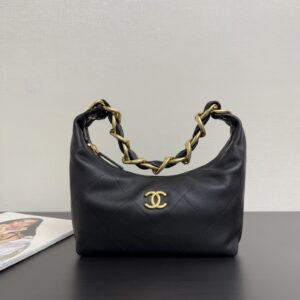 Black Quilted Calfskin Hobo Bag with Gold-Tone Metal Hardware