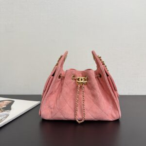 Quilted Caviar Leather Drawstring Bucket Bag with Gold-Tone Hardware (Gold & White)